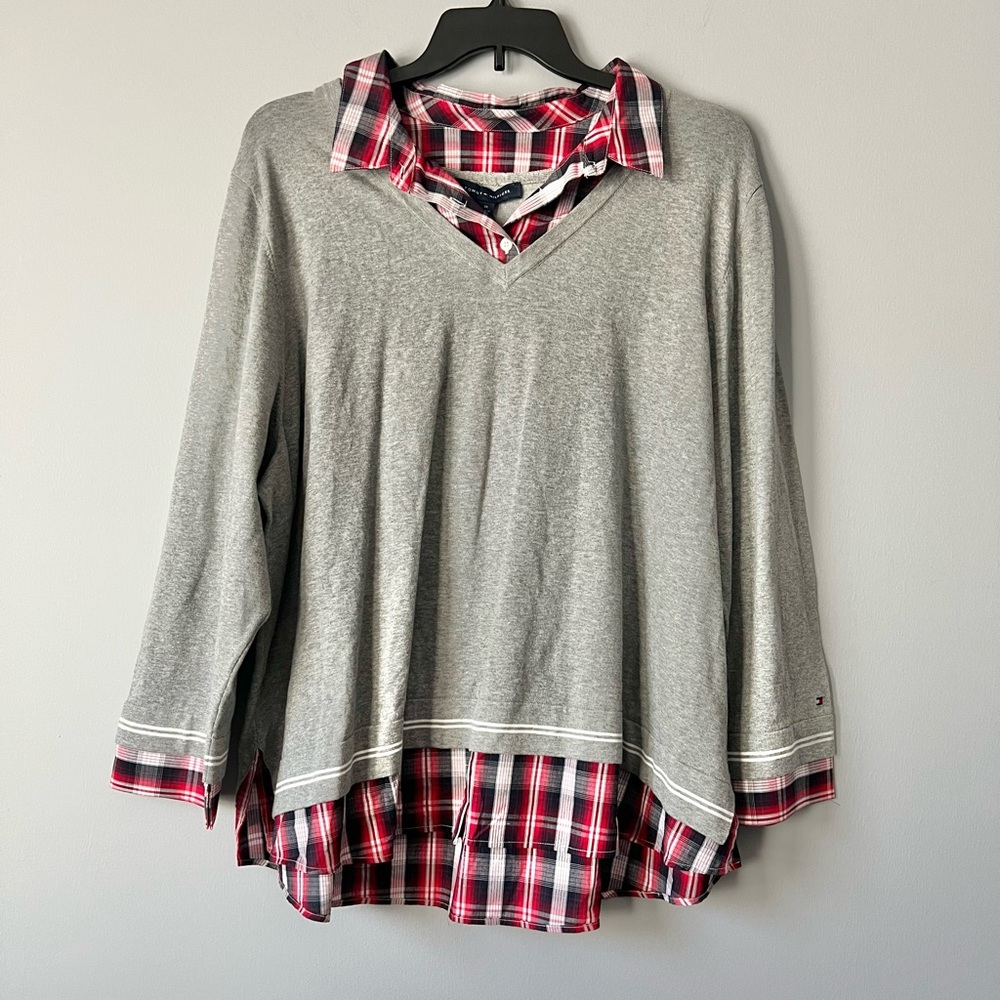 Tommy Hilfiger Women’s Plus Size Layered-Look Cotton Sweater Gray & Red Size 3X